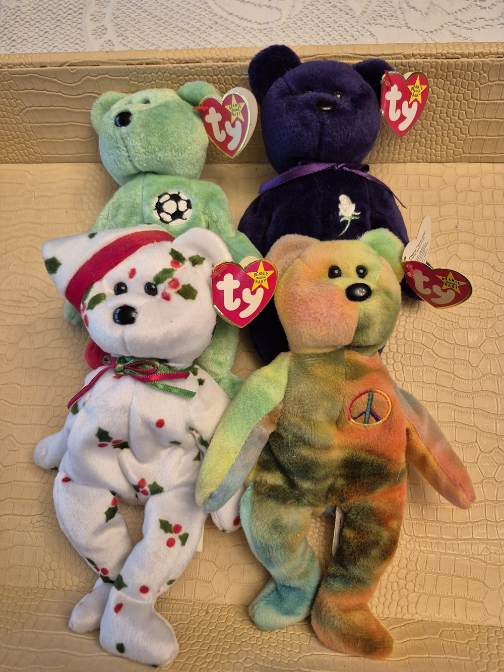 Vintage Ty Beanie Babies, "Kicks", "Princess, 1998 Holiday Teddy"  And "Peace"